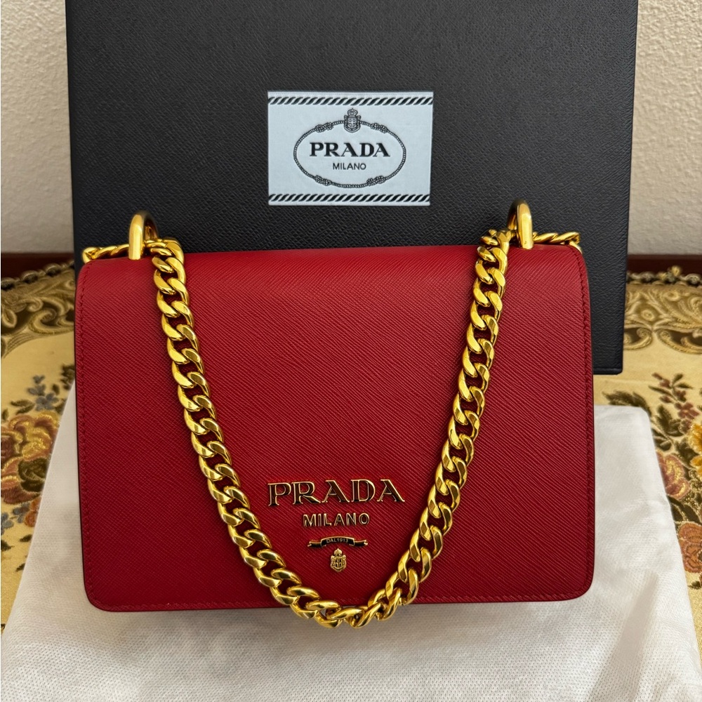 Authentic Prada Red Crossbody Bag with Gold Chain